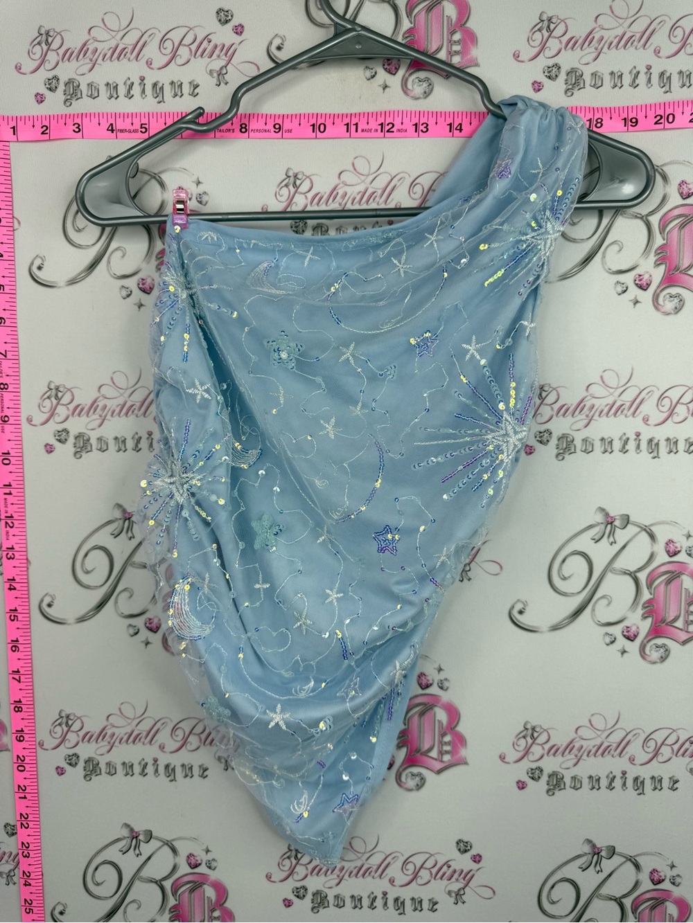 Tank top moon stars ocean sequins Embellished One-Shoulder Chemise - Light Blue